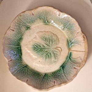 Antique Majolica Leaf Plate 8.25" Dish 1880's Unmarked Green Cabbage